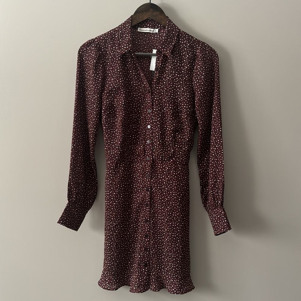 A&F POLKA DOT BUTTON DOWN LONG SLEEVE SHIRT DRESS WITH POCKETS SIZE SMALL